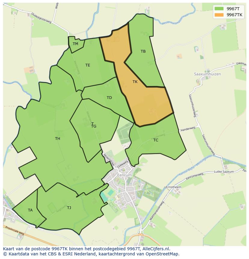 Afbeelding van het postcodegebied 9967 TK op de kaart.