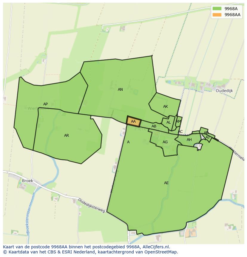 Afbeelding van het postcodegebied 9968 AA op de kaart.