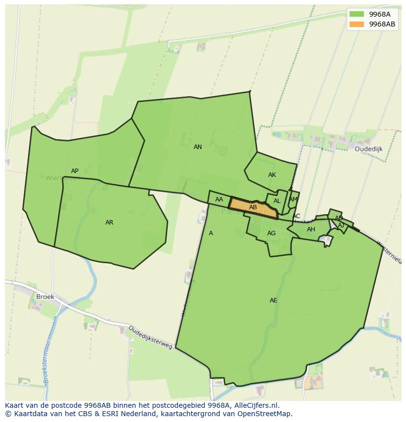 Afbeelding van het postcodegebied 9968 AB op de kaart.