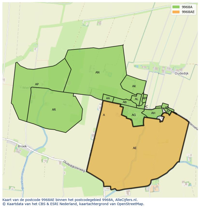 Afbeelding van het postcodegebied 9968 AE op de kaart.