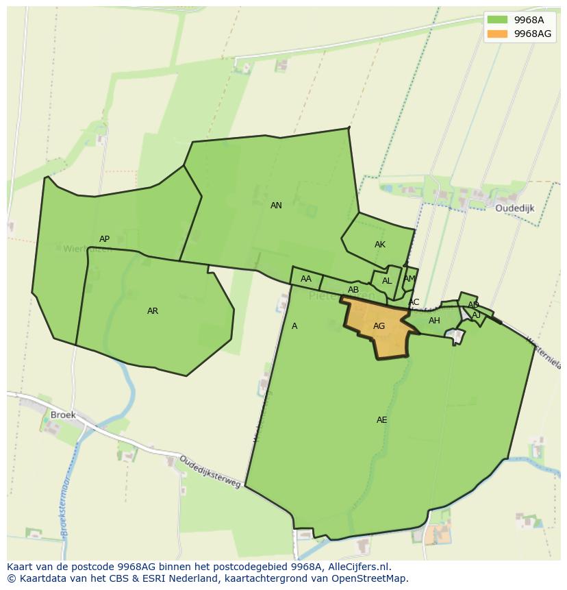 Afbeelding van het postcodegebied 9968 AG op de kaart.