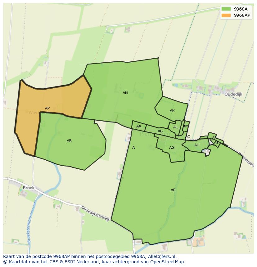 Afbeelding van het postcodegebied 9968 AP op de kaart.