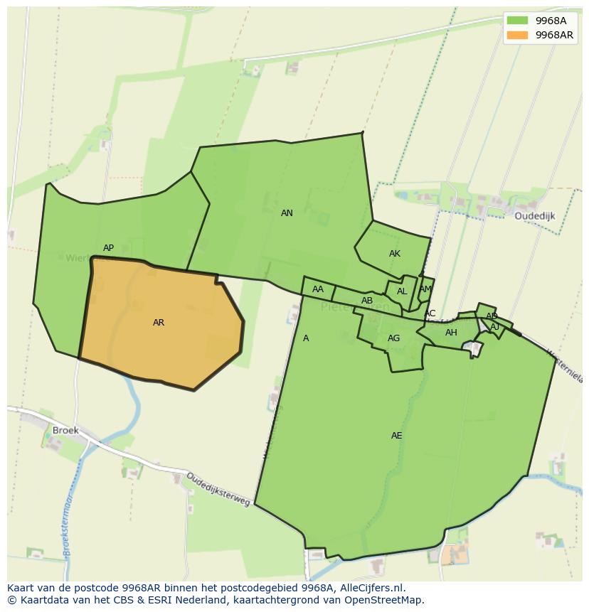 Afbeelding van het postcodegebied 9968 AR op de kaart.