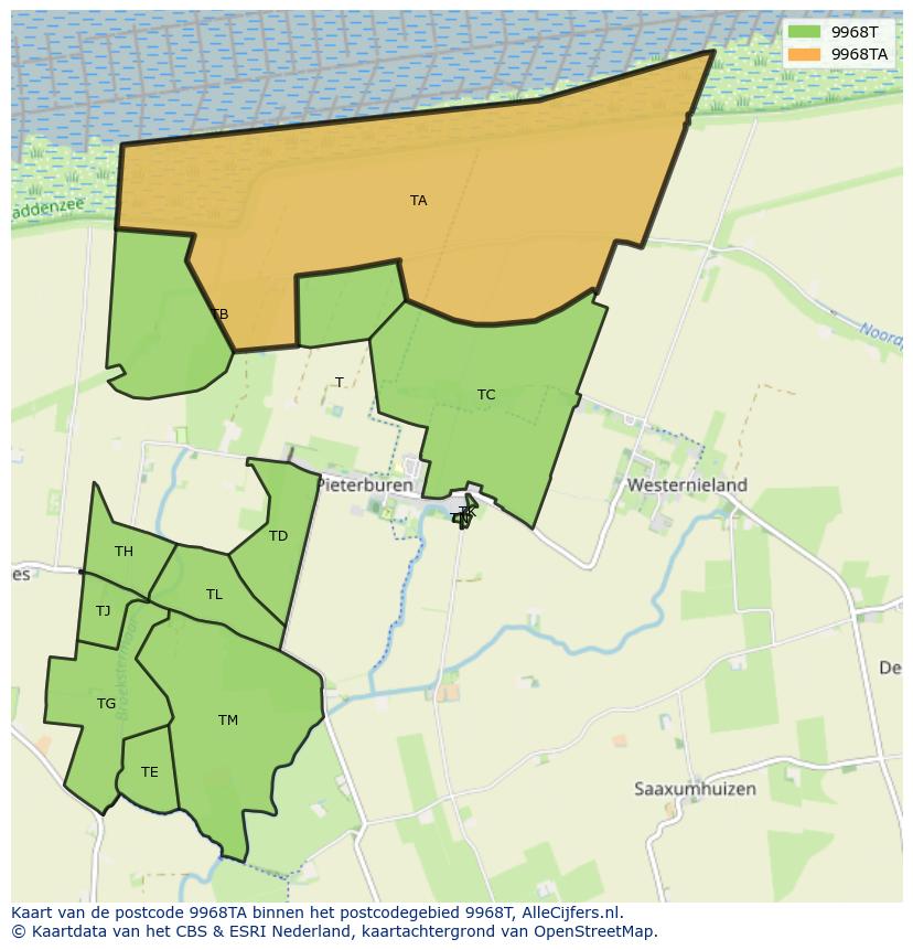 Afbeelding van het postcodegebied 9968 TA op de kaart.