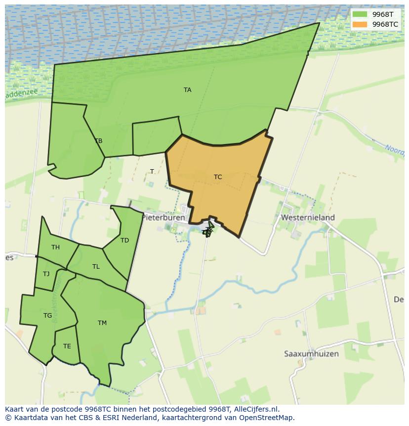 Afbeelding van het postcodegebied 9968 TC op de kaart.
