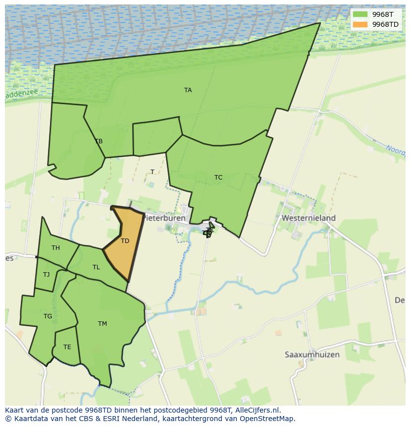 Afbeelding van het postcodegebied 9968 TD op de kaart.