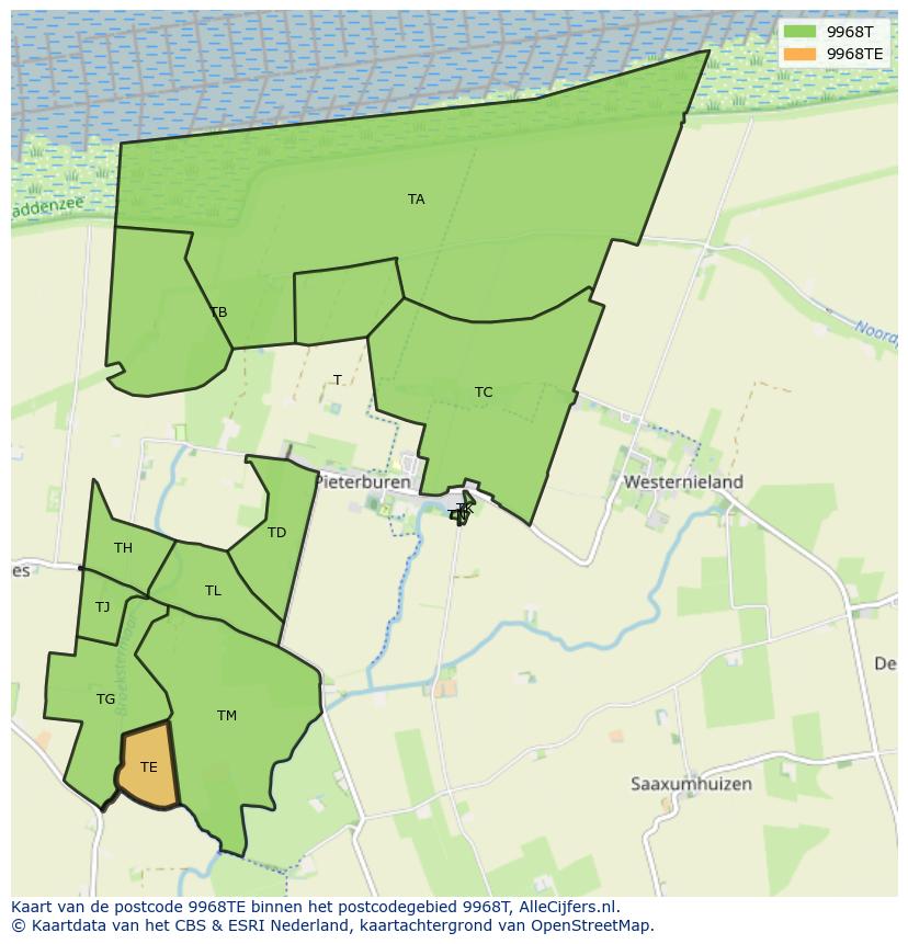 Afbeelding van het postcodegebied 9968 TE op de kaart.