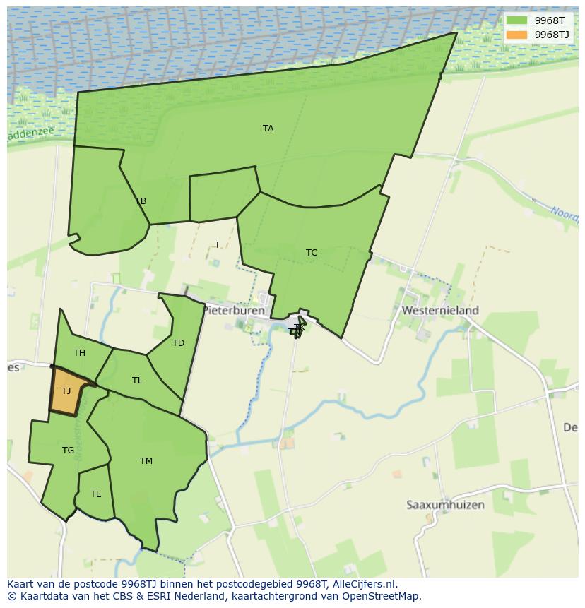 Afbeelding van het postcodegebied 9968 TJ op de kaart.