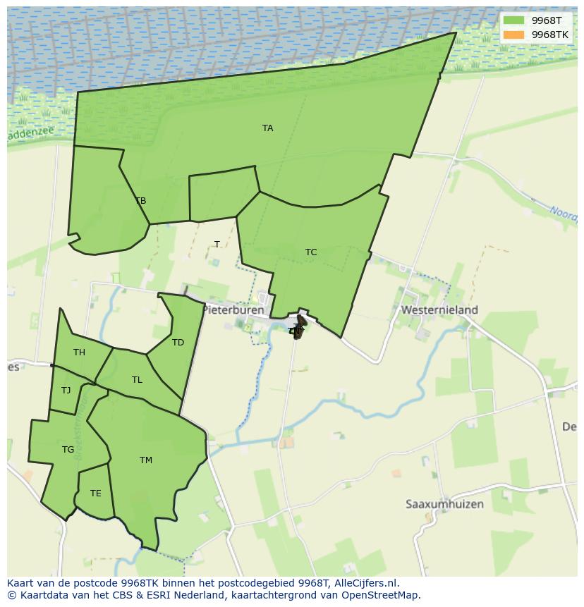 Afbeelding van het postcodegebied 9968 TK op de kaart.
