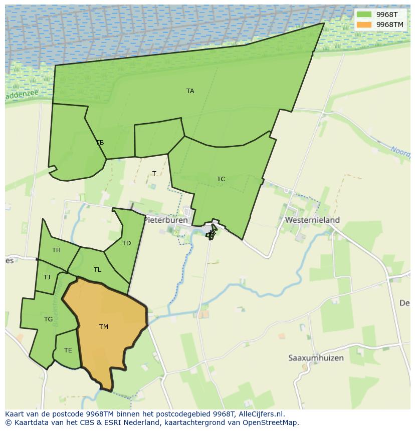 Afbeelding van het postcodegebied 9968 TM op de kaart.