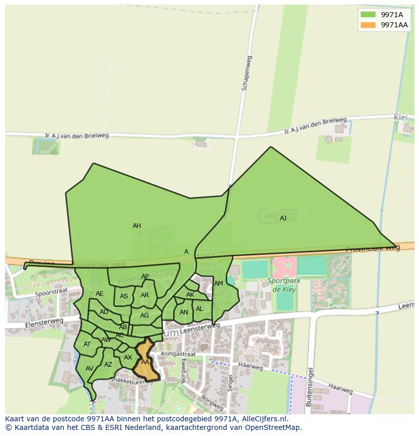Afbeelding van het postcodegebied 9971 AA op de kaart.