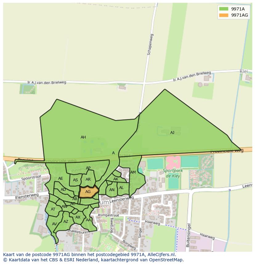 Afbeelding van het postcodegebied 9971 AG op de kaart.