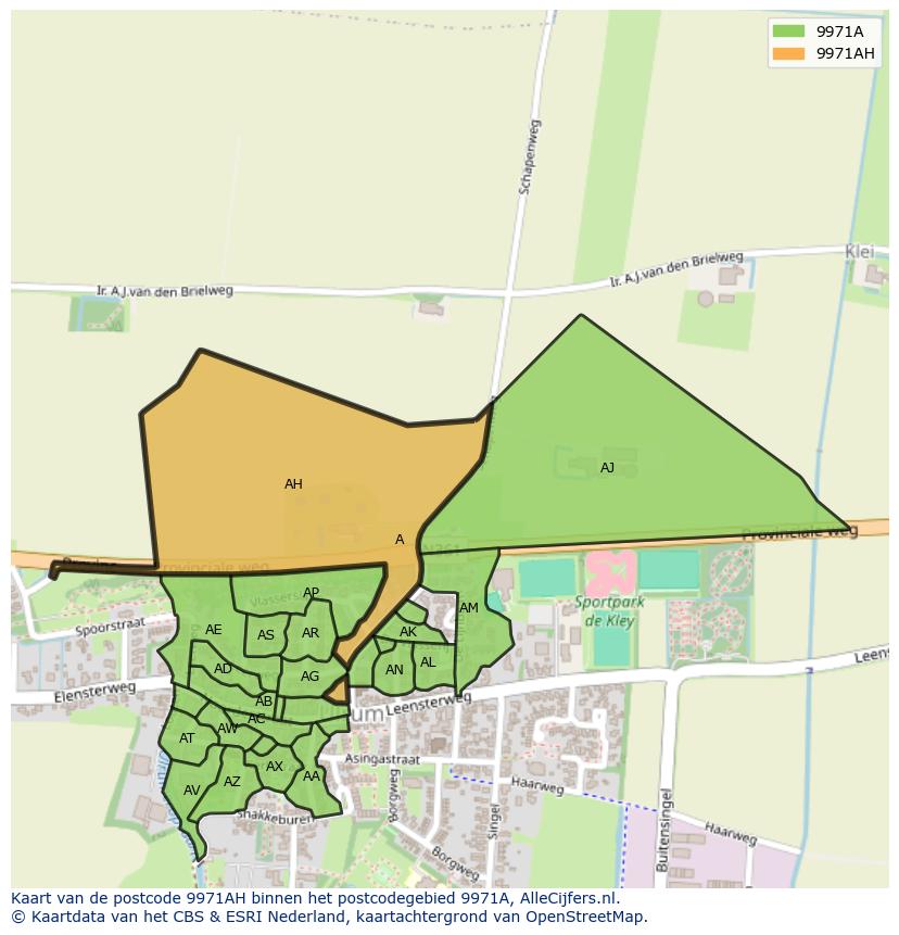 Afbeelding van het postcodegebied 9971 AH op de kaart.