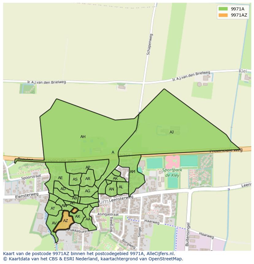 Afbeelding van het postcodegebied 9971 AZ op de kaart.