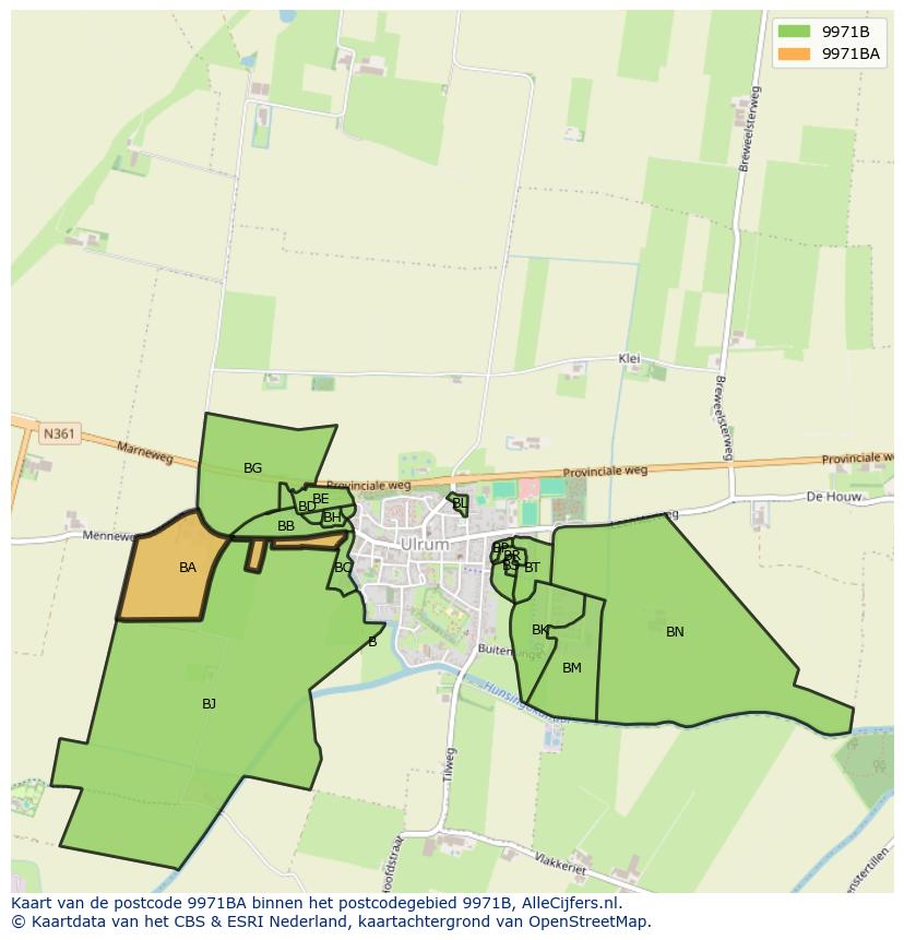 Afbeelding van het postcodegebied 9971 BA op de kaart.