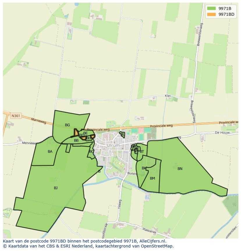 Afbeelding van het postcodegebied 9971 BD op de kaart.
