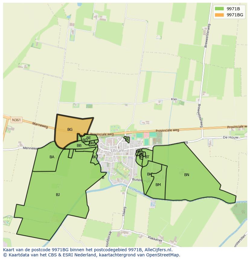 Afbeelding van het postcodegebied 9971 BG op de kaart.
