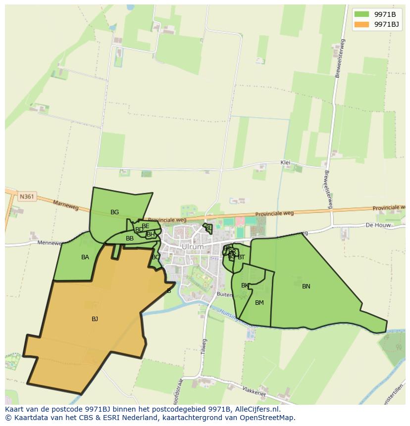 Afbeelding van het postcodegebied 9971 BJ op de kaart.