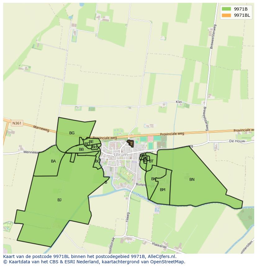 Afbeelding van het postcodegebied 9971 BL op de kaart.