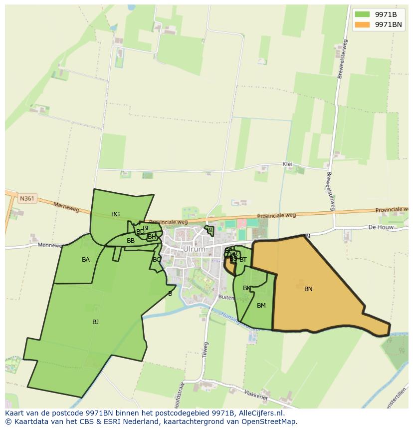 Afbeelding van het postcodegebied 9971 BN op de kaart.