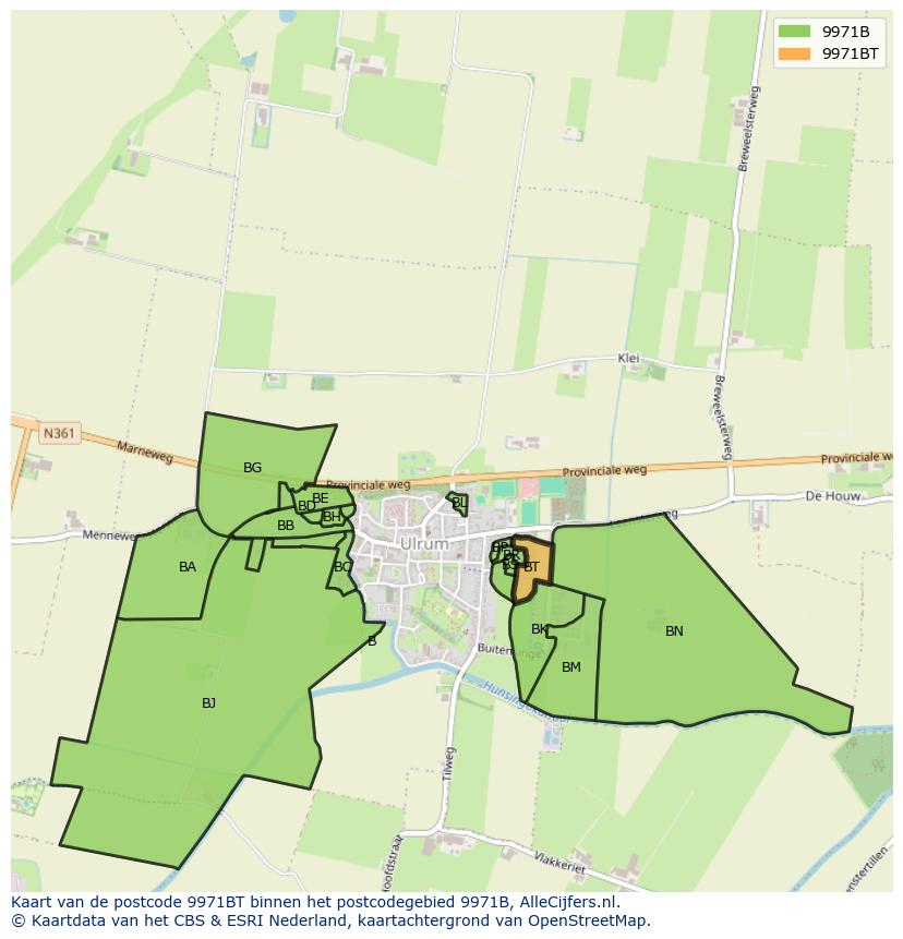 Afbeelding van het postcodegebied 9971 BT op de kaart.