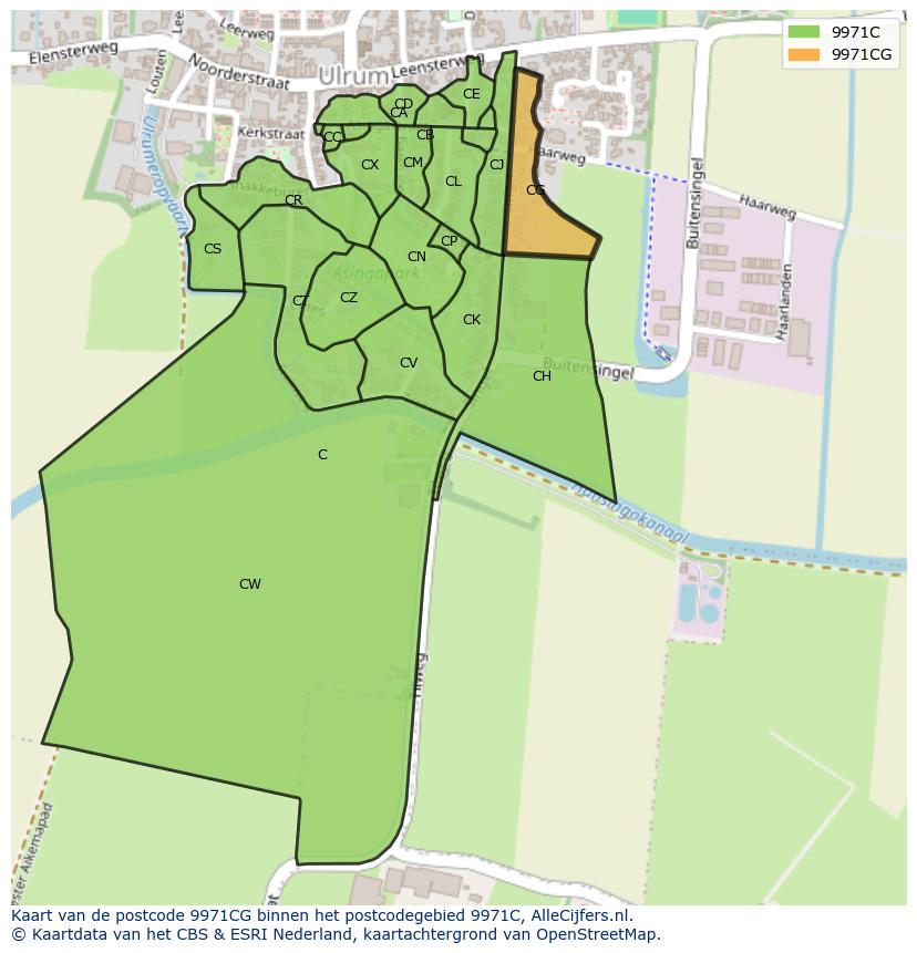 Afbeelding van het postcodegebied 9971 CG op de kaart.
