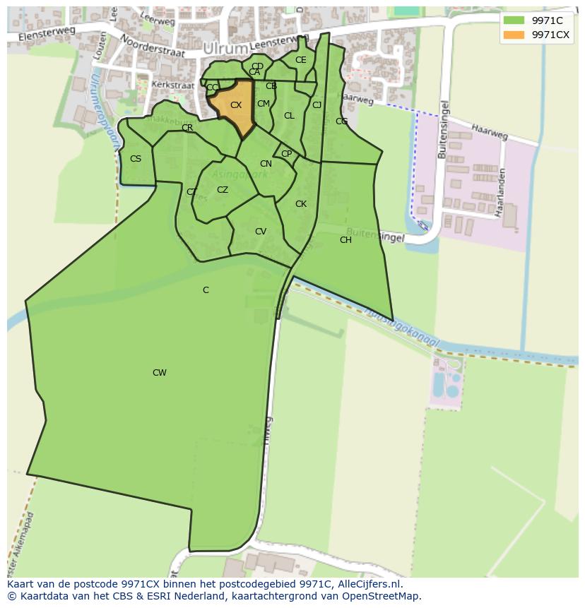 Afbeelding van het postcodegebied 9971 CX op de kaart.