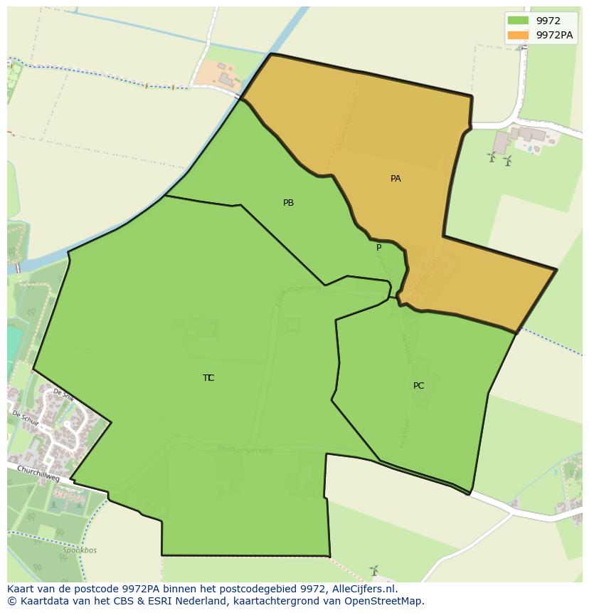 Afbeelding van het postcodegebied 9972 PA op de kaart.