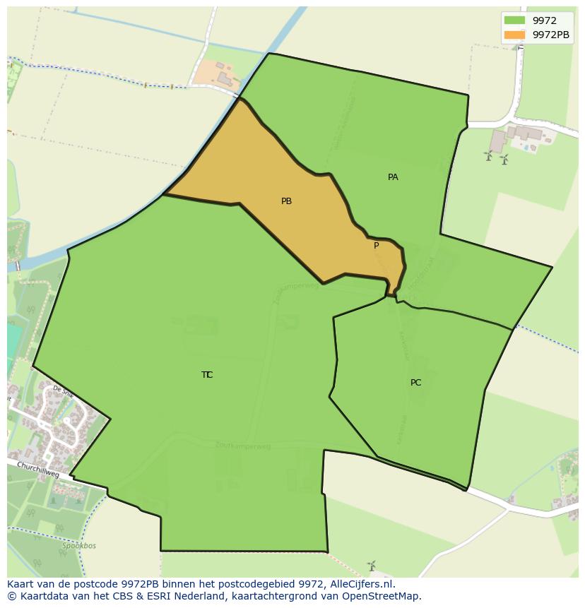 Afbeelding van het postcodegebied 9972 PB op de kaart.