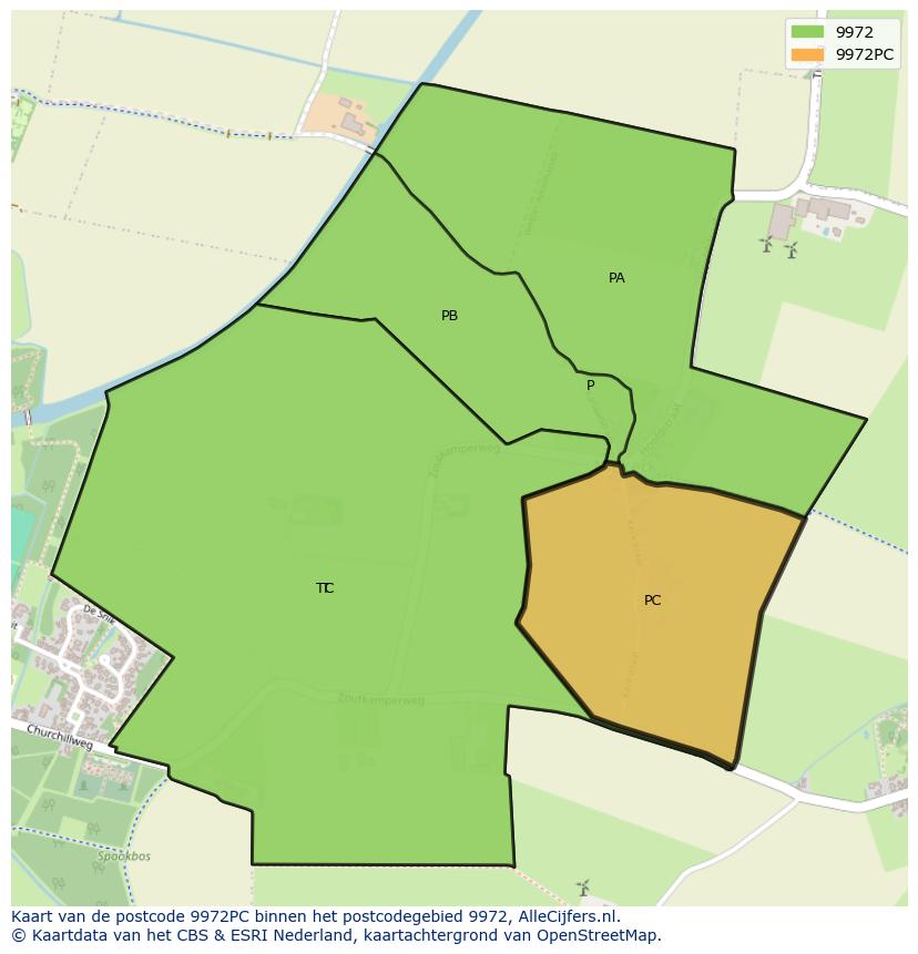 Afbeelding van het postcodegebied 9972 PC op de kaart.