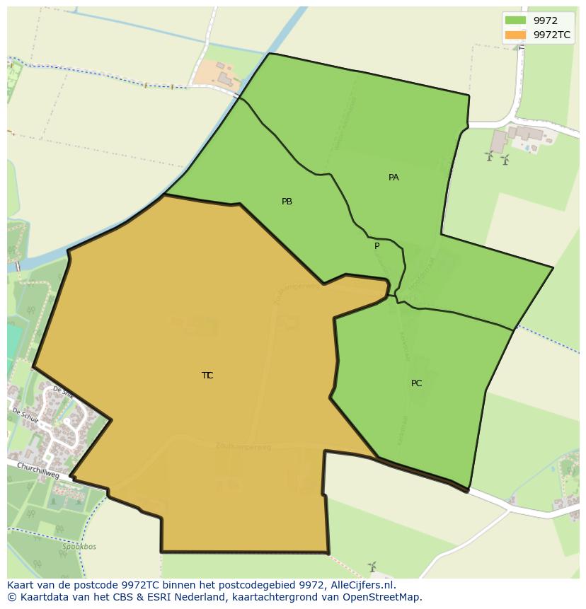 Afbeelding van het postcodegebied 9972 TC op de kaart.