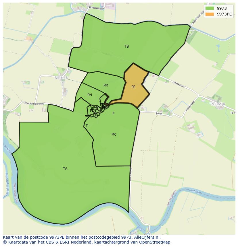 Afbeelding van het postcodegebied 9973 PE op de kaart.
