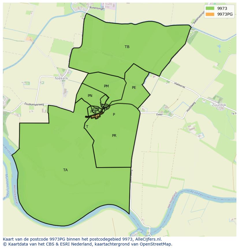 Afbeelding van het postcodegebied 9973 PG op de kaart.