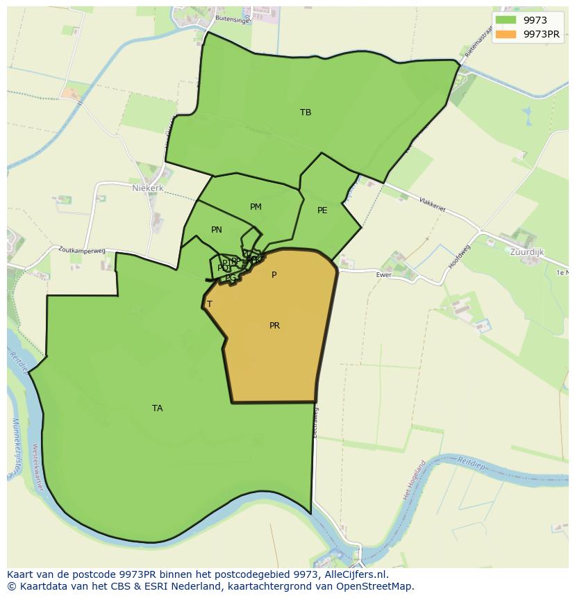 Afbeelding van het postcodegebied 9973 PR op de kaart.
