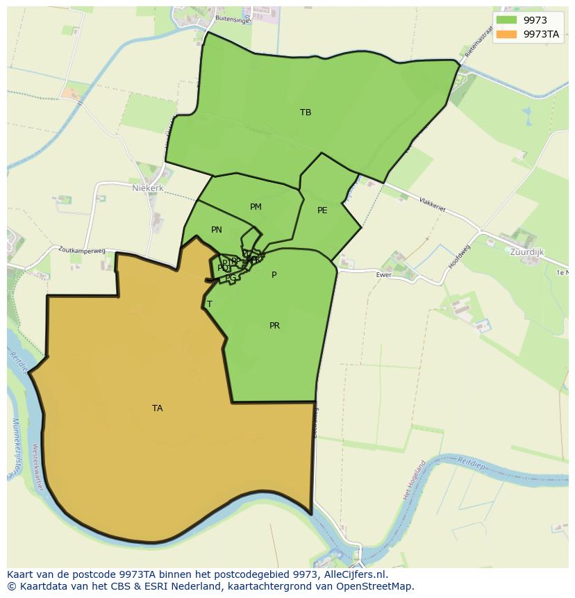 Afbeelding van het postcodegebied 9973 TA op de kaart.