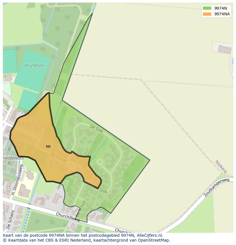 Afbeelding van het postcodegebied 9974 NA op de kaart.