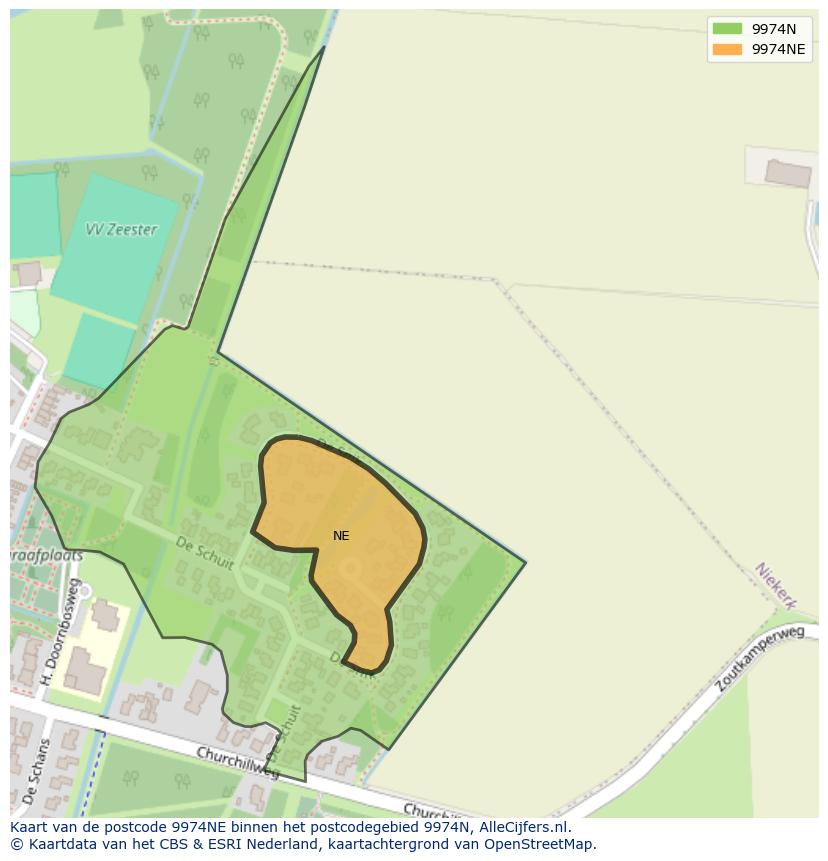 Afbeelding van het postcodegebied 9974 NE op de kaart.