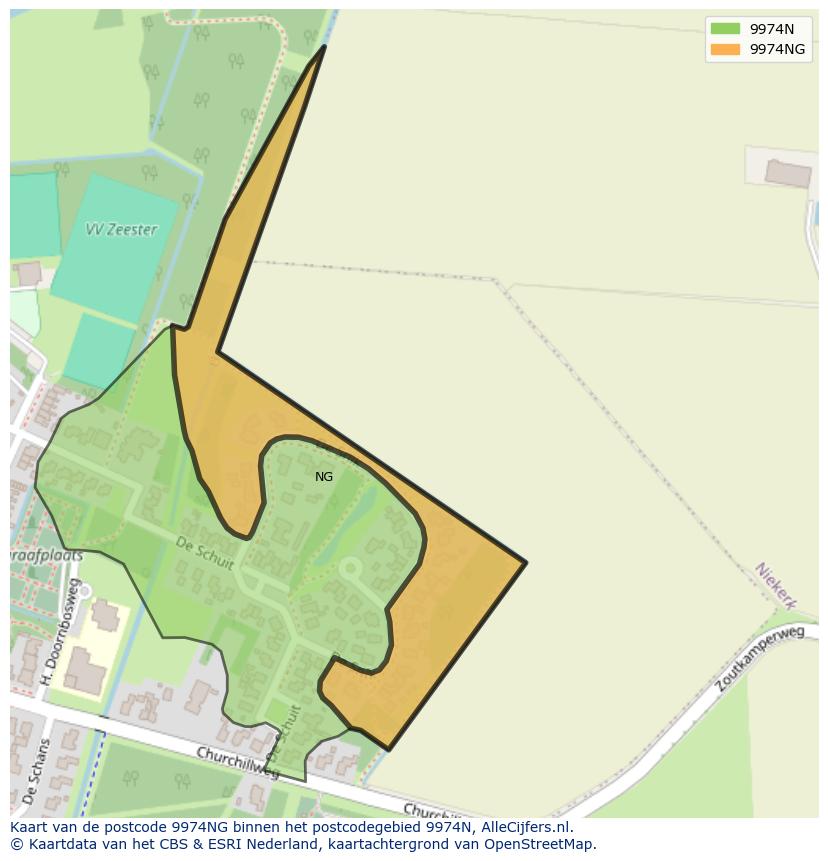 Afbeelding van het postcodegebied 9974 NG op de kaart.