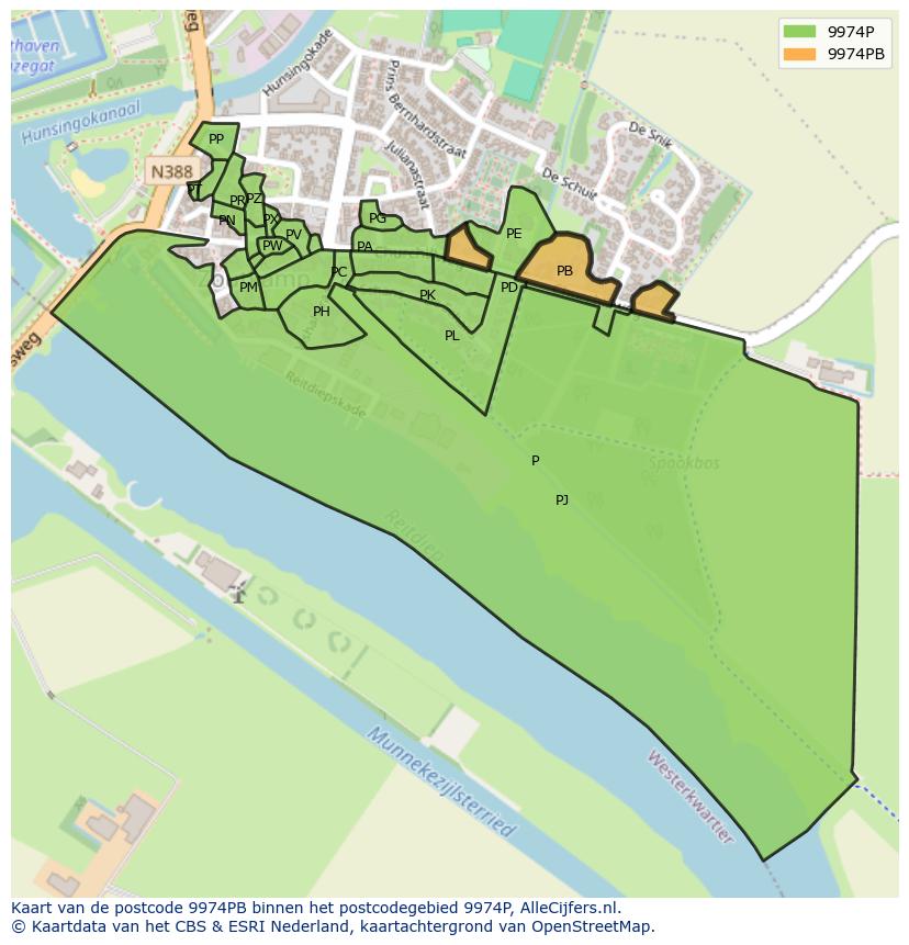 Afbeelding van het postcodegebied 9974 PB op de kaart.