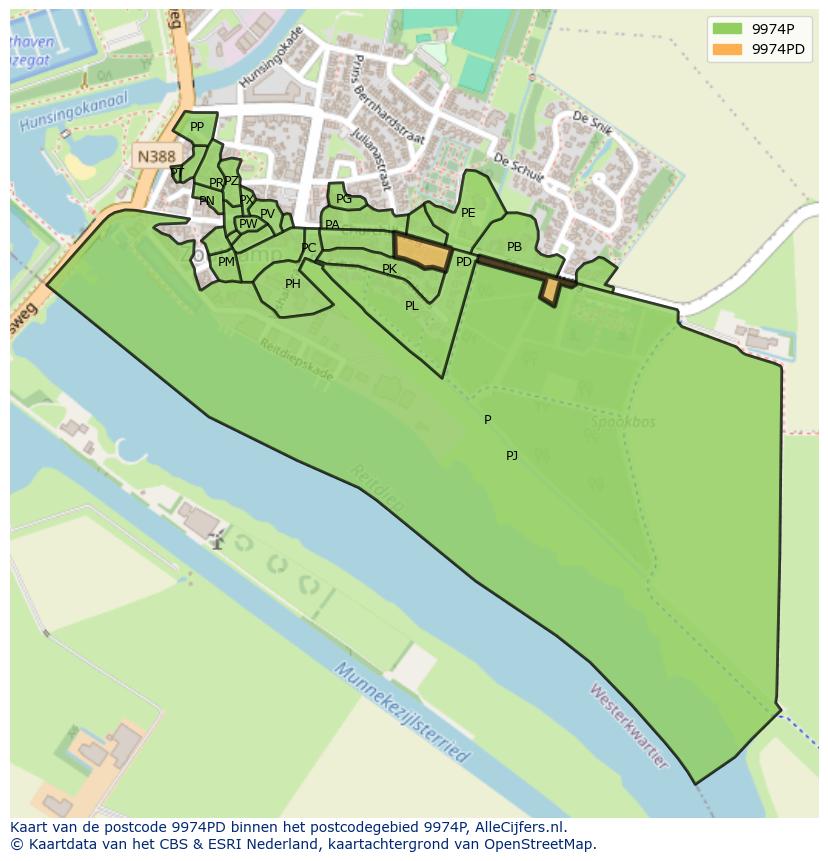 Afbeelding van het postcodegebied 9974 PD op de kaart.