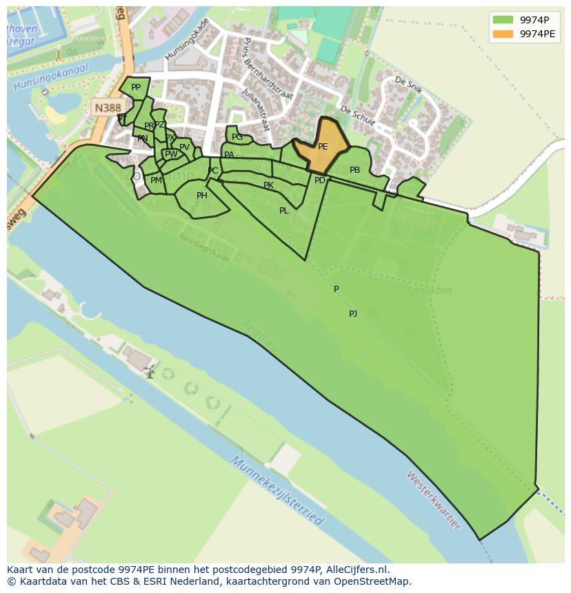 Afbeelding van het postcodegebied 9974 PE op de kaart.