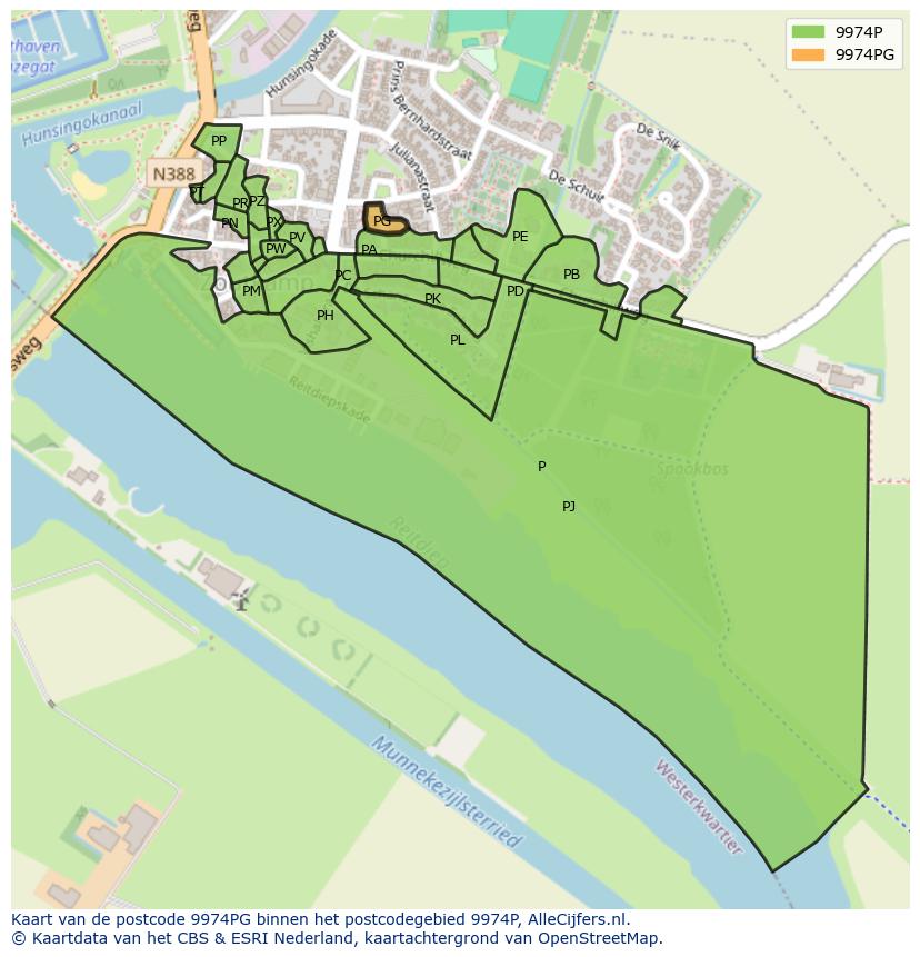Afbeelding van het postcodegebied 9974 PG op de kaart.