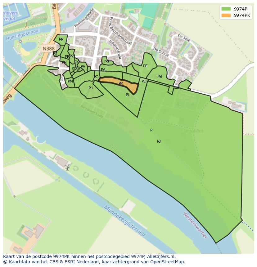 Afbeelding van het postcodegebied 9974 PK op de kaart.
