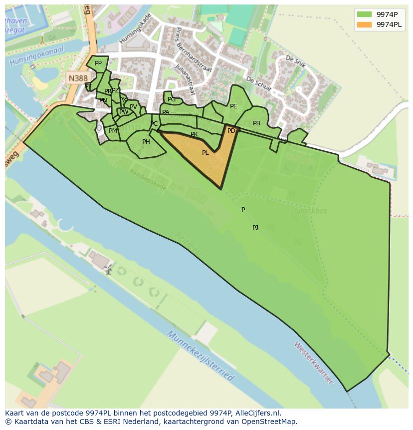 Afbeelding van het postcodegebied 9974 PL op de kaart.
