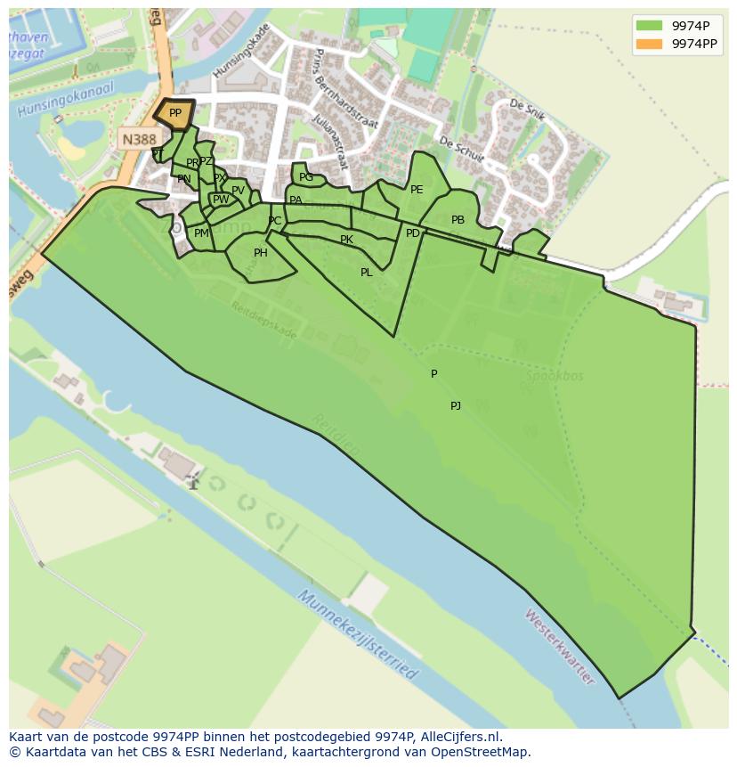 Afbeelding van het postcodegebied 9974 PP op de kaart.