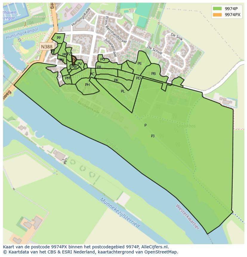 Afbeelding van het postcodegebied 9974 PX op de kaart.