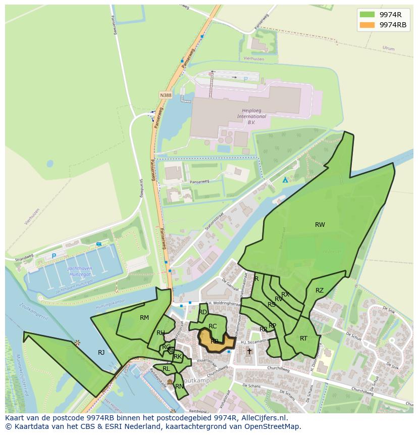 Afbeelding van het postcodegebied 9974 RB op de kaart.