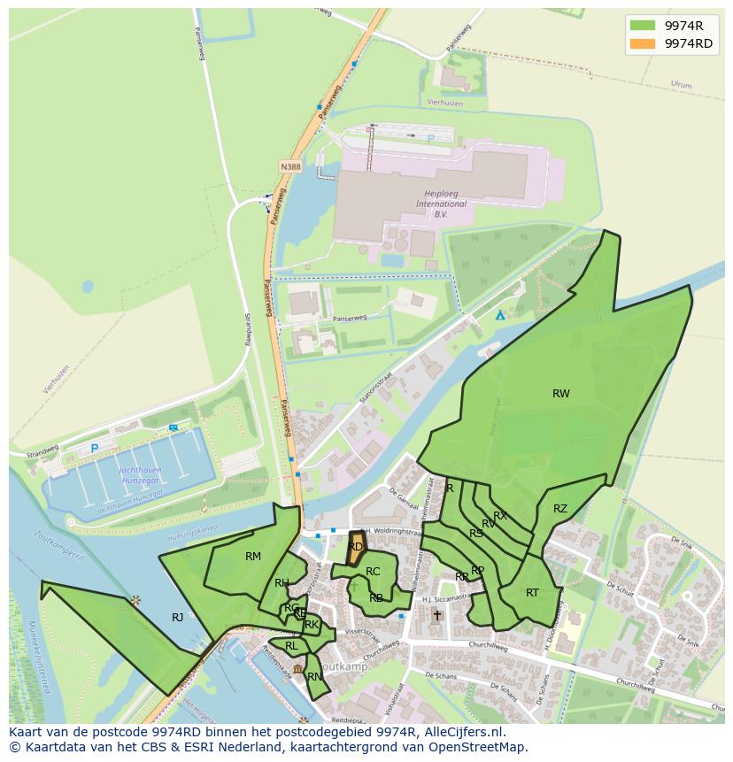 Afbeelding van het postcodegebied 9974 RD op de kaart.
