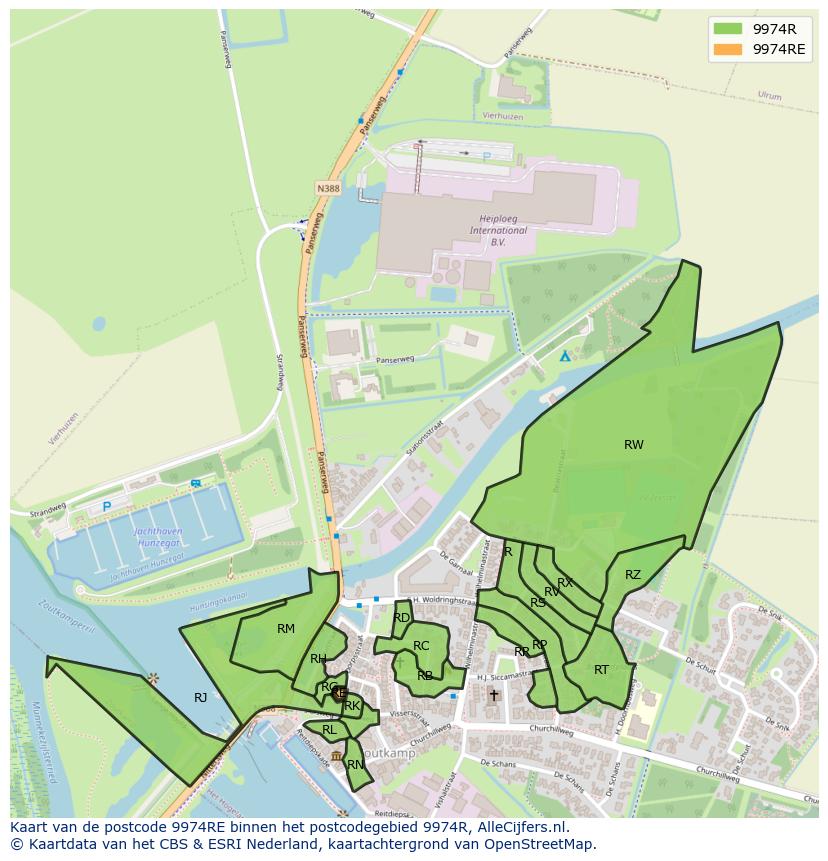 Afbeelding van het postcodegebied 9974 RE op de kaart.