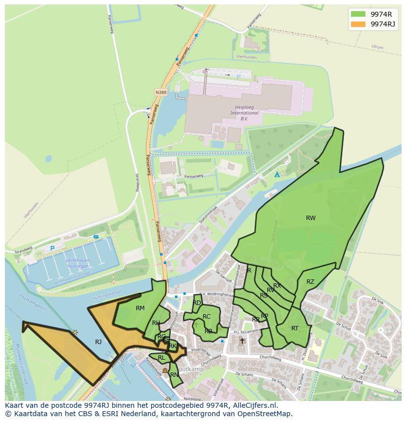 Afbeelding van het postcodegebied 9974 RJ op de kaart.